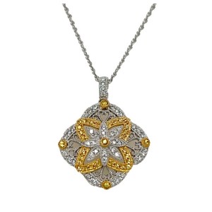 Estate 14kt White Gold White And Fancy Yellow Diamond Pendant Necklace