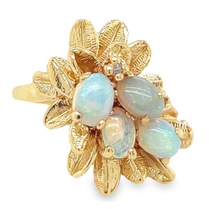 Estate 14kt Yellow Gold Opal Cluster And Leaf Ring