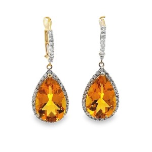 Estate 14kt Yellow Gold Pear Shaped Citrine And Diamond Dangle Earrings
