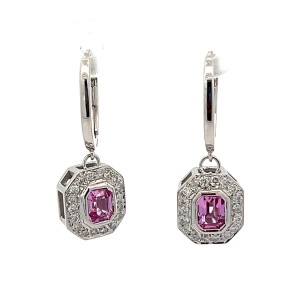 Estate 14kt White Gold Pink Sapphire And Diamond Dangle Earrings