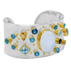Michou Sterling Silver And 22kt Vermeil Topaz, Citrine And Moonstone Wide Cuff Bracelet