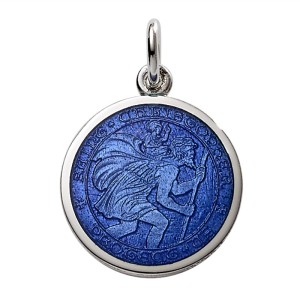 Sterling Silver Large (1") Round St. Christopher's Medal Charm With Royal Blue Enamel