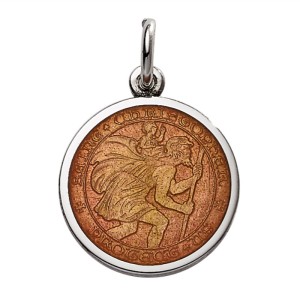 Sterling Silver Medium (3/4") Round St. Christopher's Medal Charm With Coral Colored Enamel