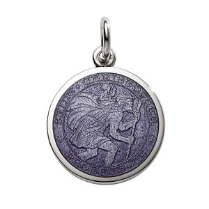 Sterling Silver Medium (3/4") Round St. Christopher's Medal Charm With Purple Enamel