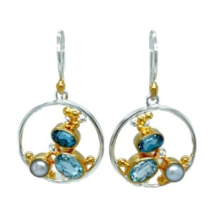 Michou Sterling Silver And 22kt Vermeil Blue Topaz And Pearl Dangle Earrings