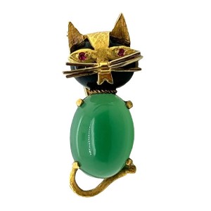 Estate 18kt Yellow Gold Chrysoprase, Onyx, And Ruby Cat Pin