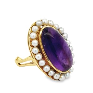 Estate 14kt Yellow Gold Amethyst Cabochon And Pearl Ring