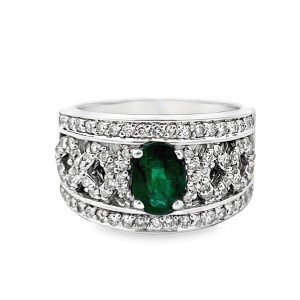 Estate 14kt White Gold Emerald And Diamond Lattice Ring