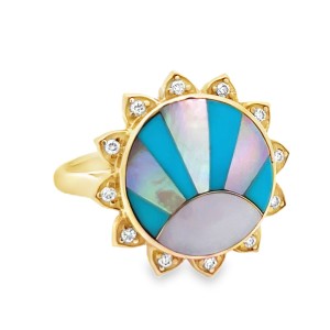 Kabana 14kt Yellow Gold Turquoise, Mother-of-pearl And Diamond "Sunburst" Ring