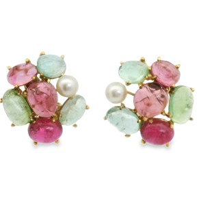 Estate 18kt Yellow Old Multi-color Tourmaline And Pearl Earrings