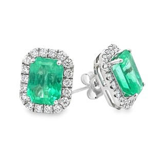 14kt White Gold Emerald And Diamond Halo Earrings