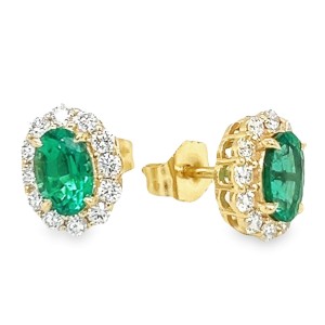 14kt Yellow Gold Oval Emerald And Diamond Halo Stud Earrings