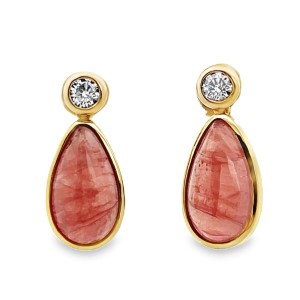 Estate 14kt Yellow Gold Rhodochrosite And Diamond Earrings