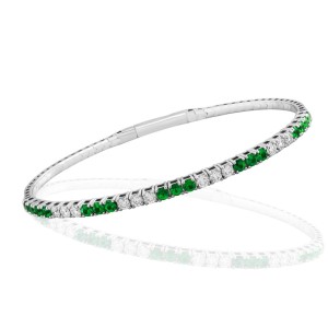 David Kord 18kt White Gold Emerald And Diamond Flexible Bangle Bracelet