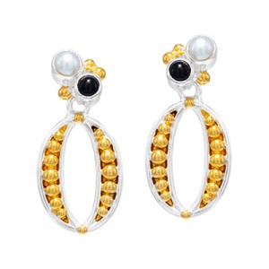 Michou Sterling Silver And 22kt Vermeil Onyx And Pearl Drop Earrings