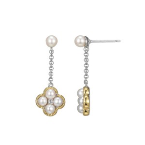 Charles Garnier Two-tone Sterling Silver "Trefle" Pearl And CZ Dangle Earrings