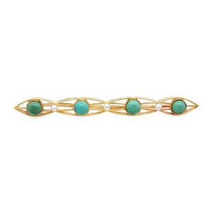 Estate 14kt Yellow Gold Turquoise And Seed Pearl Bar Pin