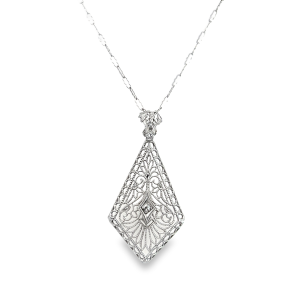 Estate Art Deco 14kt White Gold Diamond Filigree Pendant Necklace